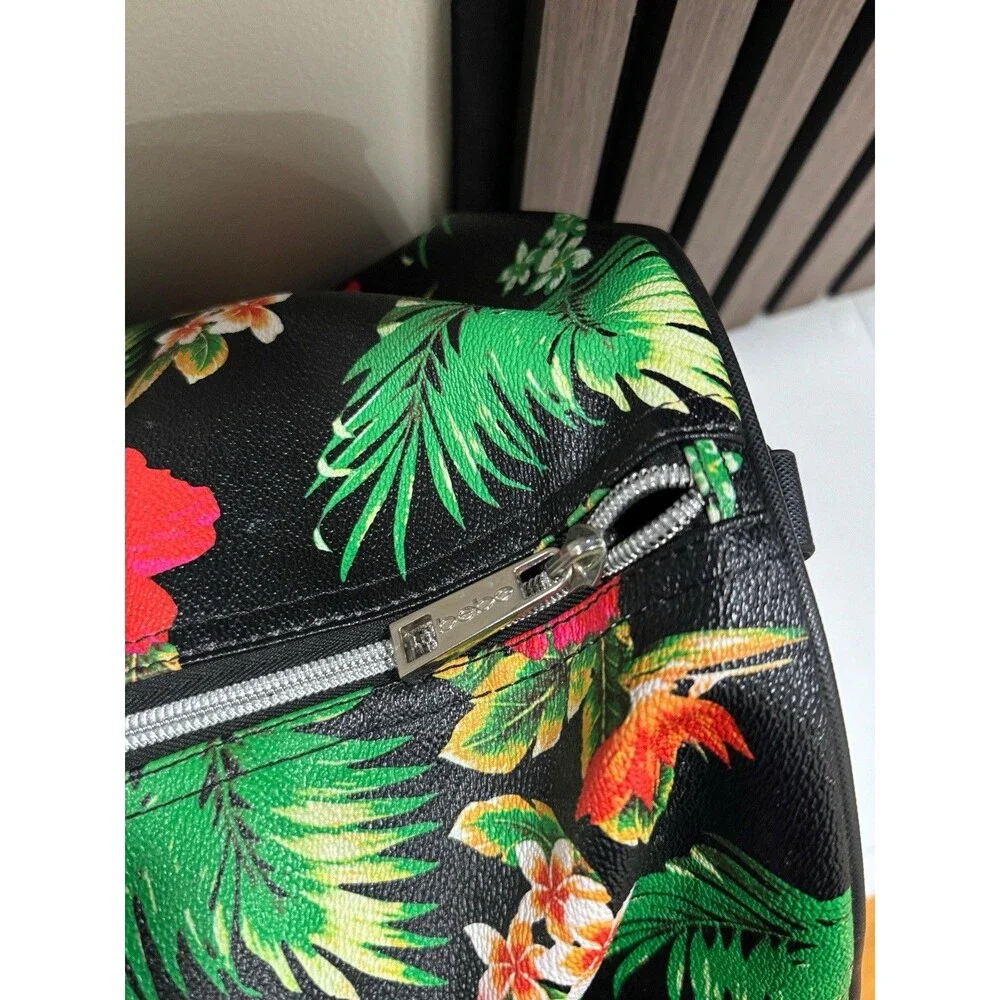 Bebe Floral Duffle Bag 22 x 9 Inch Tropical Print On Black Detachable Strap